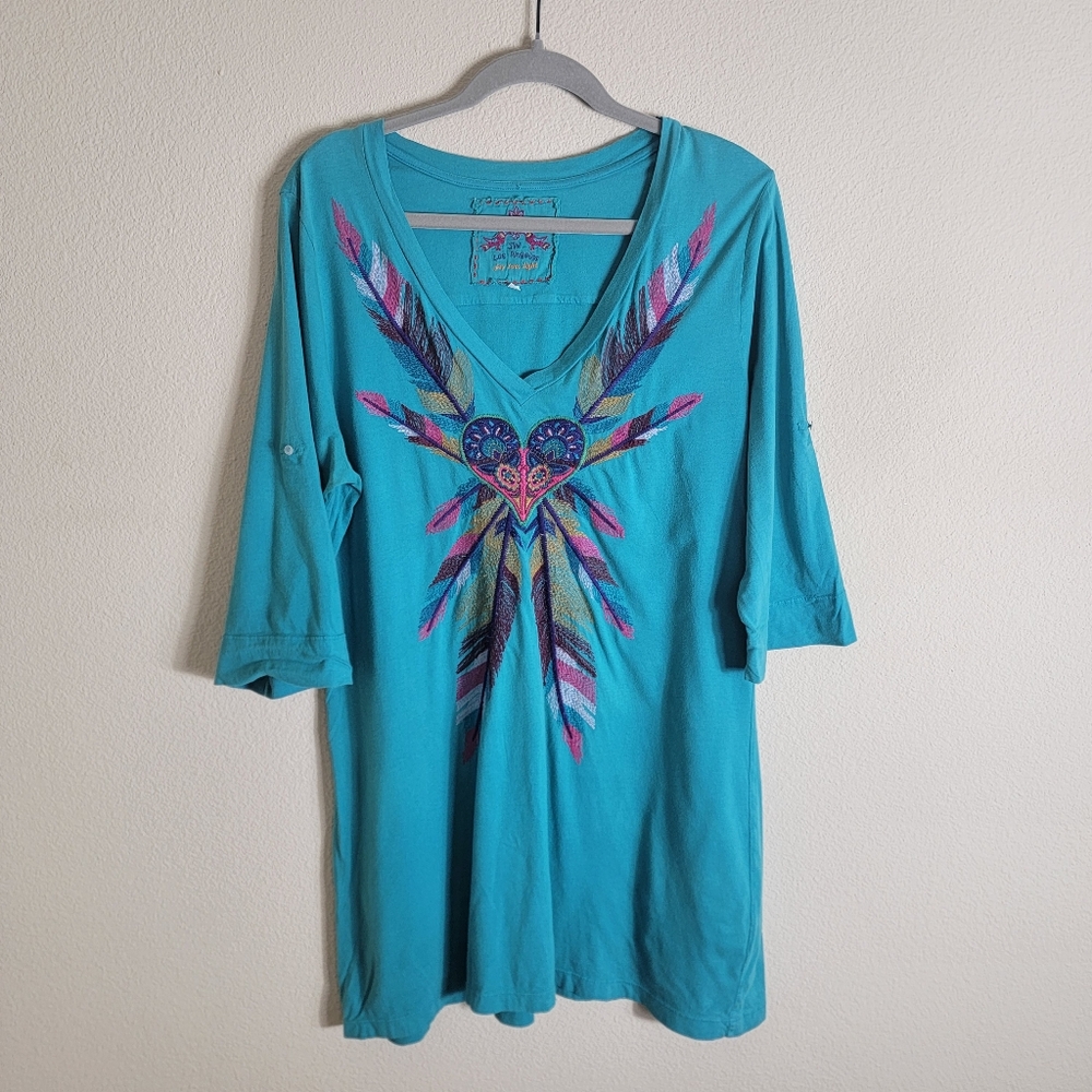 Johnny Was Teal Embroidery Tunic Top
